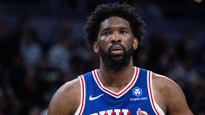 Feb 24, 2026; Indianapolis, Indiana, USA;  Philadelphia 76ers center/forward Joel Embiid (21) in the first half against the Indiana Pacers at Gainbridge Fieldhouse. Mandatory Credit: Trevor Ruszkowski-Imagn Images