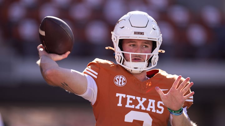 Nov 23, 2024; Austin, Texas, USA; Texas Longhorns quarterback Quinn Ewers (3) during pregame against the Kentucky Wildcats at Darrell K Royal-Texas Memorial Stadium. Mandatory Credit: Brett Patzke-Imagn Images