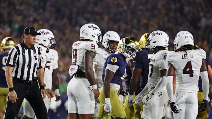 Sep 13, 2025; South Bend, Indiana, USA; Notre Dame Fighting Irish running back Jeremiyah Love (4) reacts after a play during the second half against the Texas A&M Aggies during the second half at Notre Dame Stadium. Mandatory Credit: Trevor Ruszkowski-Imagn Images