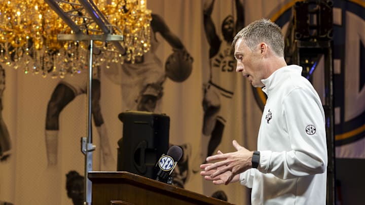 Oct 15, 2025; Birmingham, AL, USA; Texas A&M Aggies head coach Bucky McMillan talks with the media during SEC Media Days at Grand Bohemian Hotel. Mandatory Credit: Vasha Hunt-Imagn Images