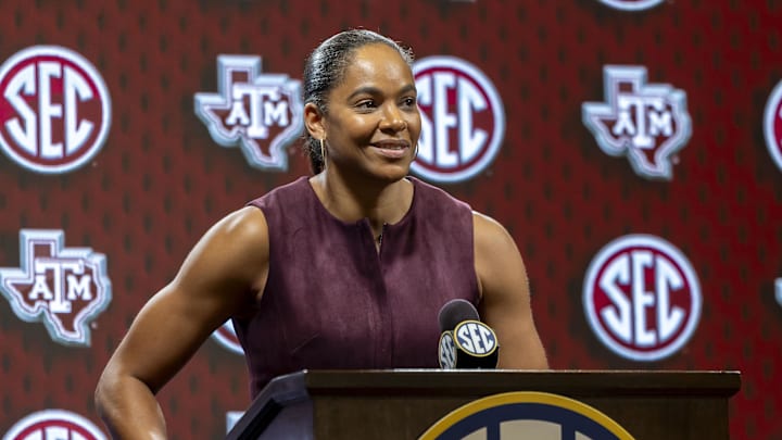 Oct 15, 2025; Birmingham, AL, USA; Texas A&M Aggies head coach Joni Taylor talks with the media during SEC Media Days at Grand Bohemian Hotel. Mandatory Credit: Vasha Hunt-Imagn Images