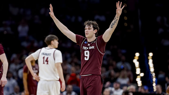 Mar 19, 2026; Oklahoma City, OK, USA; Texas A&M Aggies guard Ruben Dominguez (9) reacts during a first round game of the men's 2026 NCAA Tournament at Paycom Center. Mandatory Credit: Alonzo Adams-Imagn Images