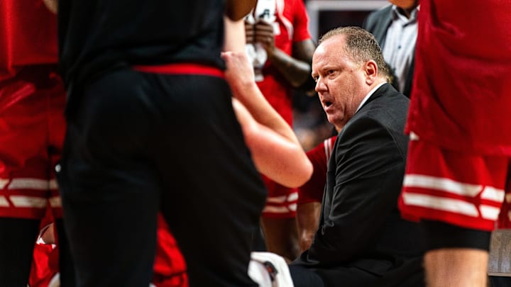 Feb 1, 2024; Lincoln, Nebraska, USA; Wisconsin Badgers head coach Greg Gard talks to players during a timeout against the Nebraska Cornhuskers in the first half at Pinnacle Bank Arena. Mandatory Credit: Dylan Widger-Imagn Images