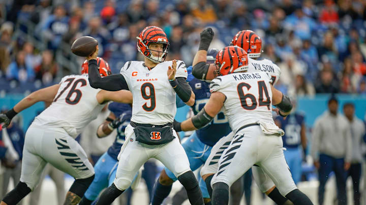 Cincinnati Bengals quarterback Joe Burrow (9) winds up to throw during the fourth quarter against the Tennessee Titans at Nissan Stadium in Nashville, Tenn., Sunday, Dec. 15, 2024.