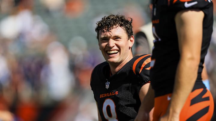 Oct 6, 2024; Cincinnati, Ohio, USA; Cincinnati Bengals punter Ryan Rehkow (8) during warmups before the game against the Baltimore Ravens at Paycor Stadium. Mandatory Credit: Katie Stratman-Imagn Images