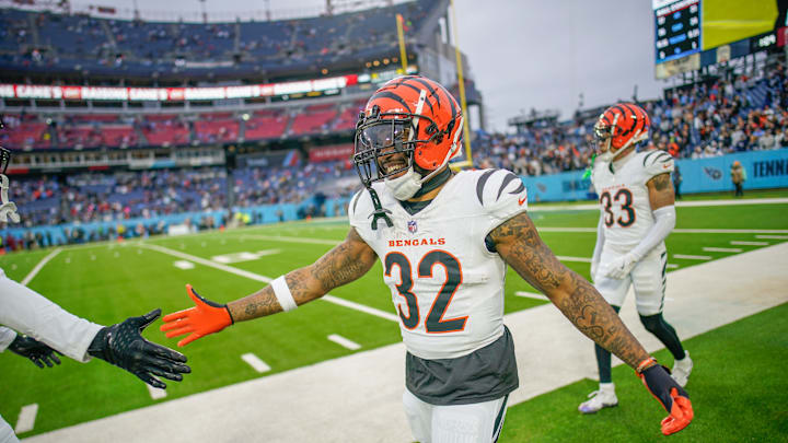 Cincinnati Bengals running back Trayveon Williams (32) celebrates late in the fourth quarter against the Tennessee Titans at Nissan Stadium in Nashville, Tenn., Sunday, Dec. 15, 2024. Cincinnati Bengals running back Trayveon Williams (32) celebrates late in the fourth quarter against the Tennessee Titans at Nissan Stadium in Nashville, Tenn., Sunday, Dec. 15, 2024.
