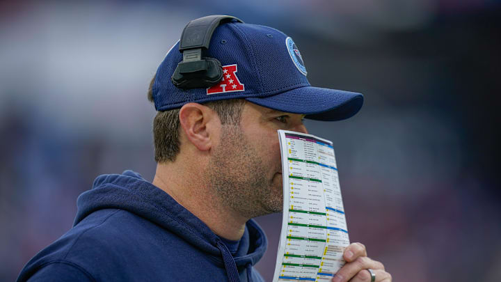 Tennessee Titans head coach Brian Callahan calls a play during the first quarter at Nissan Stadium in Nashville, Tenn., Sunday, Dec. 15, 2024.