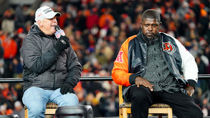 Former Cincinnati Bengals quarterback Ken Anderson, left, and offensive tackle Willie Anderson answer questions at a question and answer session during the Super Bowl LVI Opening Night Fan Rally on Feb. 7, 2022, at Paul Brown Stadium.