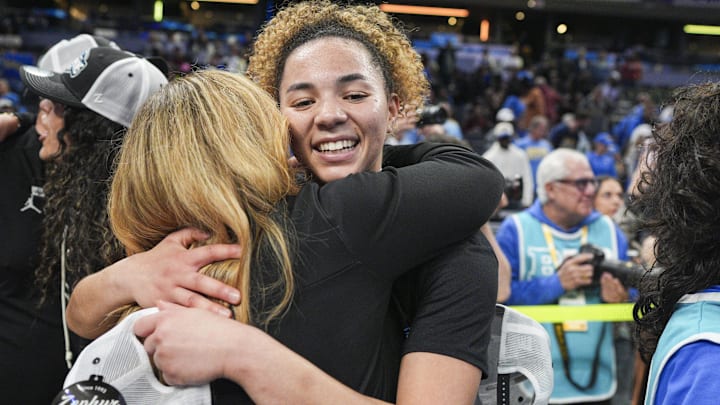 Mar 8, 2025; Indianapolis, IN, USA; UCLA Bruins guard Kiki Rice (1) reacts after her win for the Big Ten Conference Championship against USC Trojans at Gainbridge Fieldhouse. Mandatory Credit: Stephanie Amador Blondet-Imagn Images