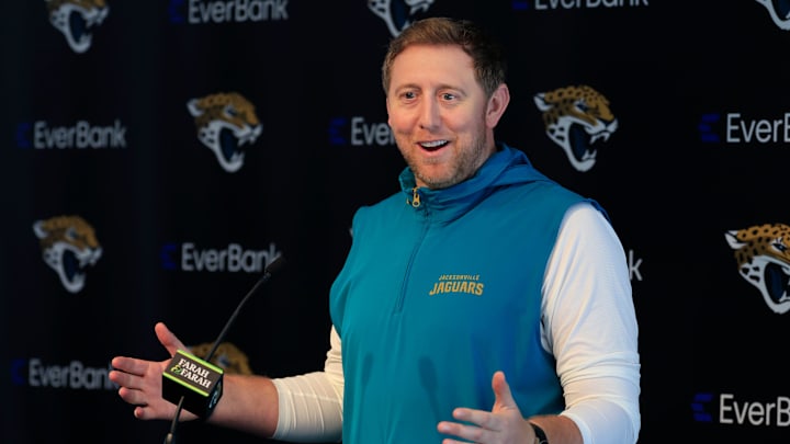 Jacksonville Jaguars head coach Liam Coen speaks during a press conference at Miller Electric Center Wednesday, April 9, 2025 in Jacksonville, Fla. [Corey Perrine/Florida Times-Union]