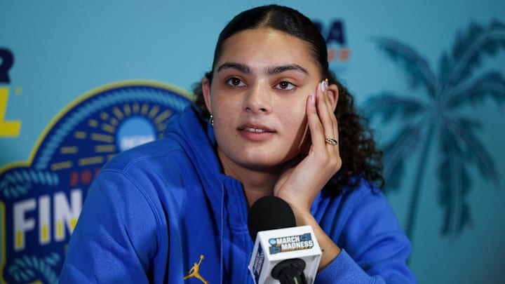 Apr 3, 2025; Tampa, FL, USA; UCLA Bruins center Lauren Betts (51) talks to media before the NCAA Woman’s Final Four at Amalie Arena. Mandatory Credit: Nathan Ray Seebeck-Imagn Images Apr 3, 2025; Tampa, FL, USA; UCLA Bruins center Lauren Betts (51) talks to media before the NCAA Woman’s Final Four at Amalie Arena. Mandatory Credit: Nathan Ray Seebeck-Imagn Images
