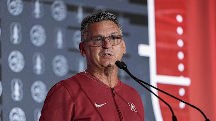 Oct 9, 2024; Charlotte, NC, USA; Stanford head coach Kyle Smith during ACC Media Days at The Hilton Charlotte Uptown. Mandatory Credit: Jim Dedmon-Imagn Images Oct 9, 2024; Charlotte, NC, USA; Stanford head coach Kyle Smith during ACC Media Days at The Hilton Charlotte Uptown. Mandatory Credit: Jim Dedmon-Imagn Images