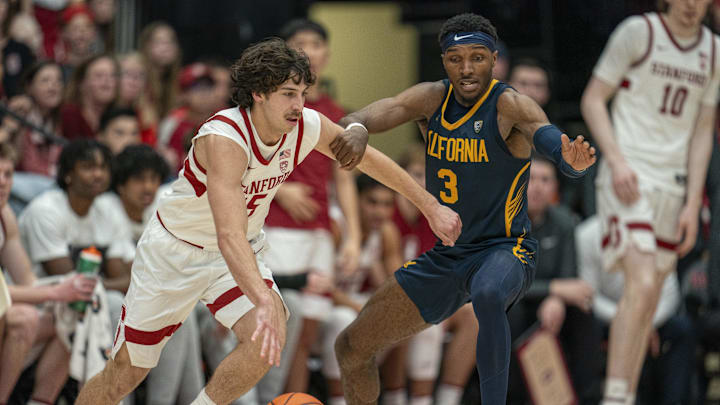 Mar 7, 2024; Stanford, California, USA; Stanford Cardinal guard Benny Gealer (15) dribbles the basketball against during the second half at Maples Pavillion. Mandatory Credit: Neville E. Guard-Imagn Images