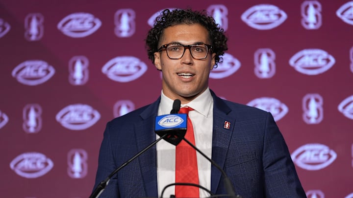 Jul 23, 2024; Charlotte, NC, USA;  Stanford linebacker Tristan Sinclair answers questions from the media during the ACC Kickoff at Hilton Charlotte Uptown. Mandatory Credit: Jim Dedmon-Imagn Images