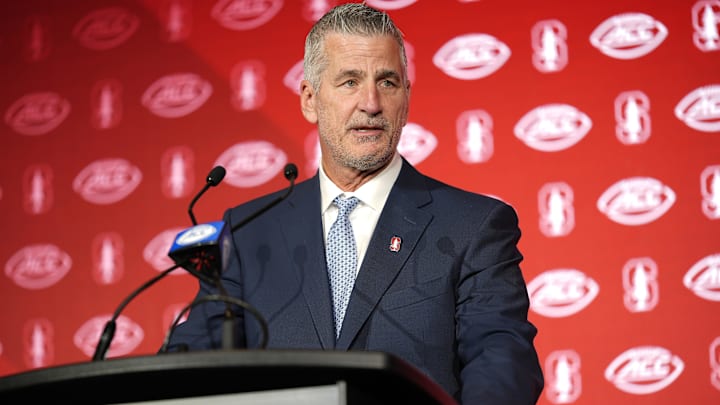Jul 22, 2025; Charlotte, NC, USA; Stanford head coach Frank Reich answers questions from the media during ACC Media Days at Hilton Charlotte Uptown. Mandatory Credit: Jim Dedmon-Imagn Images
