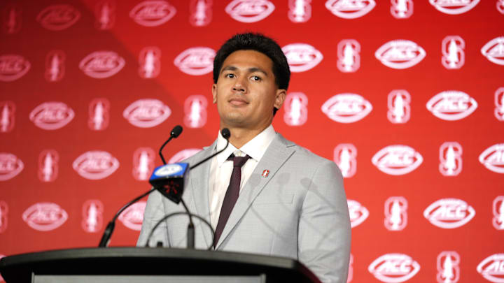 Jul 22, 2025; Charlotte, NC, USA; Stanford offensive lineman Tevarua Tafiti answers questions from the media during ACC Media Days at Hilton Charlotte Uptown. Mandatory Credit: Jim Dedmon-Imagn Images Jul 22, 2025; Charlotte, NC, USA; Stanford offensive lineman Tevarua Tafiti answers questions from the media during ACC Media Days at Hilton Charlotte Uptown. Mandatory Credit: Jim Dedmon-Imagn Images