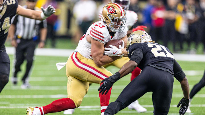 Sep 14, 2025; New Orleans, Louisiana, USA; San Francisco 49ers running back Christian McCaffrey (23) runs against New Orleans Saints safety Justin Reid (21) during the first half at Caesars Superdome. Mandatory Credit: Stephen Lew-Imagn Images Sep 14, 2025; New Orleans, Louisiana, USA; San Francisco 49ers running back Christian McCaffrey (23) runs against New Orleans Saints safety Justin Reid (21) during the first half at Caesars Superdome. Mandatory Credit: Stephen Lew-Imagn Images