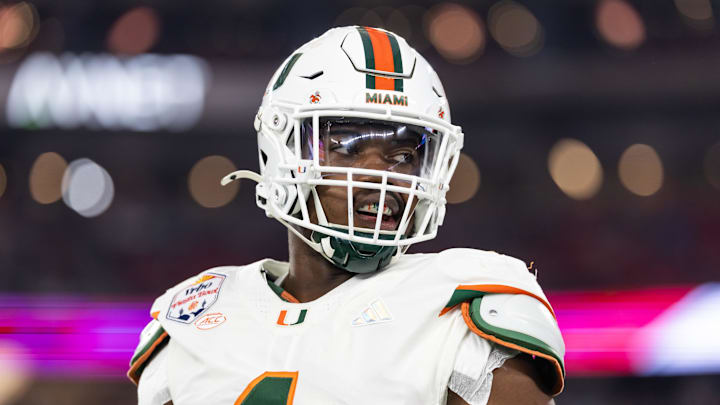 Jan 8, 2026; Glendale, AZ, USA; Miami Hurricanes defensive lineman Rueben Bain Jr. (4) against the Mississippi Rebels during the 2026 Fiesta Bowl and semifinal game of the College Football Playoff at State Farm Stadium. Mandatory Credit: Mark J. Rebilas-Imagn Images