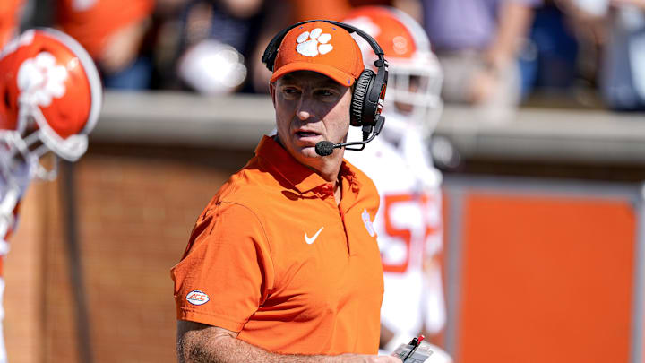 Oct 12, 2024; Winston-Salem, North Carolina, USA;  Clemson Tigers head coach Dabo Sweeney during the first half against the Wake Forest Demon Deacons at Allegacy Federal Credit Union Stadium. Mandatory Credit: Jim Dedmon-Imagn Images