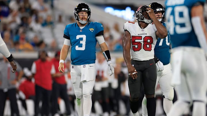 Tampa Bay Buccaneers linebacker Markees Watts (58) reacts to an offsides penalty by a teammate as Jacksonville Jaguars quarterback C.J. Beathard (3) looks on during the third quarter of a preseason NFL football game Saturday, Aug. 17, 2024 at EverBank Stadium in Jacksonville, Fla. The Jacksonville Jaguars defeated the Tampa Bay Buccaneers 20-7. Tampa Bay Buccaneers linebacker Markees Watts (58) reacts to an offsides penalty by a teammate as Jacksonville Jaguars quarterback C.J. Beathard (3) looks on during the third quarter of a preseason NFL football game Saturday, Aug. 17, 2024 at EverBank Stadium in Jacksonville, Fla. The Jacksonville Jaguars defeated the Tampa Bay Buccaneers 20-7.