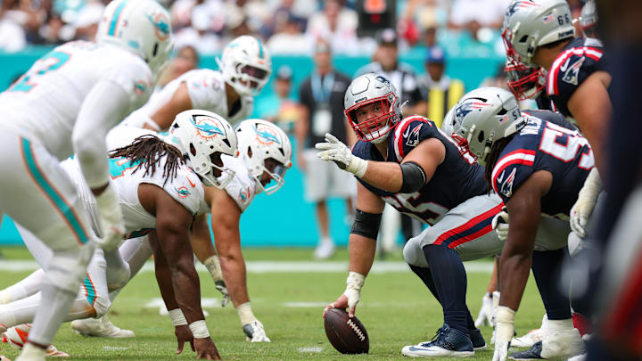 New England Patriots center Garrett Bradbury (65) lines up against the Miami Dolphins in the fourth quarter at Hard Rock Stadium in Week 2.