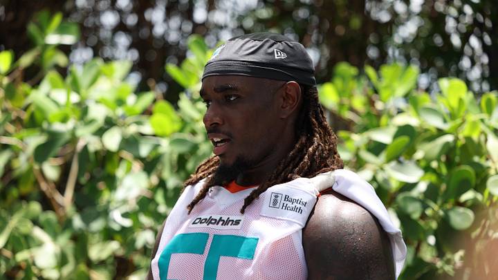 Miami Dolphins center Aaron Brewer (55) talking to the media after a minicamp practice at the Baptist Health Training Complex. Miami Dolphins center Aaron Brewer (55) talking to the media after a minicamp practice at the Baptist Health Training Complex.