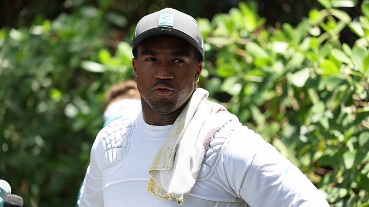 Miami Dolphins linebacker Tyrel Dodson (25) speaking to the media after a minicamp practice at the Baptist Health Training Complex. 