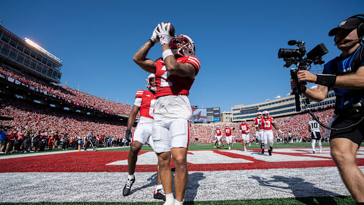 Wisconsin wide receiver Trech Kekahuna (2) celebrates his 25-yard touchdown reception during the third quarter of their game Saturday, October 5, 2024 at Camp Randall Stadium in Madison, Wisconsin.