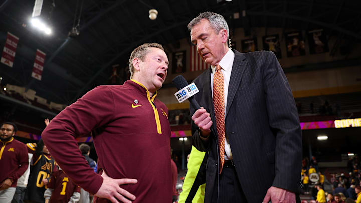 Jan 6, 2026; Minneapolis, Minnesota, USA; Minnesota Golden Gophers head coach Niko Medved is interviewed after the game against the Iowa Hawkeyes during the second half at Williams Arena. Mandatory Credit: Matt Krohn-Imagn Images