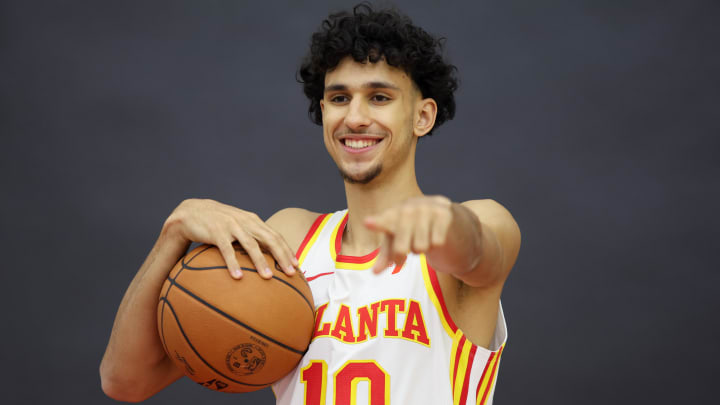 Jun 28, 2024; Atlanta, Georgia, USA; Atlanta Hawks first overall draft pick Zaccharie Risacher (10) poses for a photo at the Emory Sports Medicine Complex. Mandatory Credit: Brett Davis-USA TODAY Sports Jun 28, 2024; Atlanta, Georgia, USA; Atlanta Hawks first overall draft pick Zaccharie Risacher (10) poses for a photo at the Emory Sports Medicine Complex. Mandatory Credit: Brett Davis-USA TODAY Sports