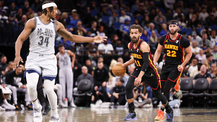 Feb 10, 2025; Orlando, Florida, USA; Atlanta Hawks guard Trae Young (11) controls the ball against the Orlando Magic in the second quarter at Kia Center. Mandatory Credit: Nathan Ray Seebeck-Imagn Images Feb 10, 2025; Orlando, Florida, USA; Atlanta Hawks guard Trae Young (11) controls the ball against the Orlando Magic in the second quarter at Kia Center. Mandatory Credit: Nathan Ray Seebeck-Imagn Images