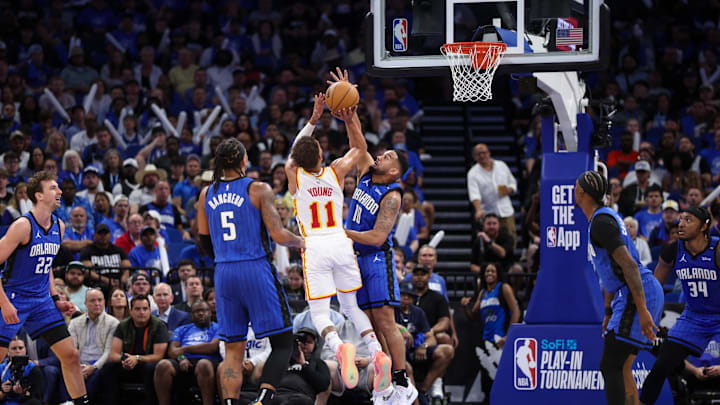 Apr 15, 2025; Orlando, Florida, USA; Orlando Magic guard Cory Joseph (10) blocks a shot from Atlanta Hawks guard Trae Young (11) in the third quarter at Kia Center. Mandatory Credit: Nathan Ray Seebeck-Imagn Images Apr 15, 2025; Orlando, Florida, USA; Orlando Magic guard Cory Joseph (10) blocks a shot from Atlanta Hawks guard Trae Young (11) in the third quarter at Kia Center. Mandatory Credit: Nathan Ray Seebeck-Imagn Images