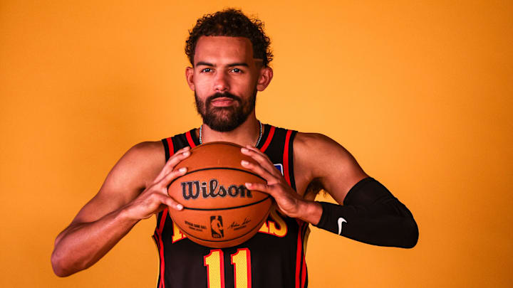 Sep 29, 2025; Atlanta, GA, USA; Atlanta Hawks guard Trae Young (11) poses for a photo at media day. Mandatory Credit: Brett Davis-Imagn Images