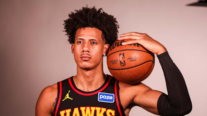 Sep 29, 2025; Atlanta, GA, USA; Atlanta Hawks forward Jalen Johnson (1) poses for a photo at media day. Mandatory Credit: Brett Davis-Imagn Images Sep 29, 2025; Atlanta, GA, USA; Atlanta Hawks forward Jalen Johnson (1) poses for a photo at media day. Mandatory Credit: Brett Davis-Imagn Images