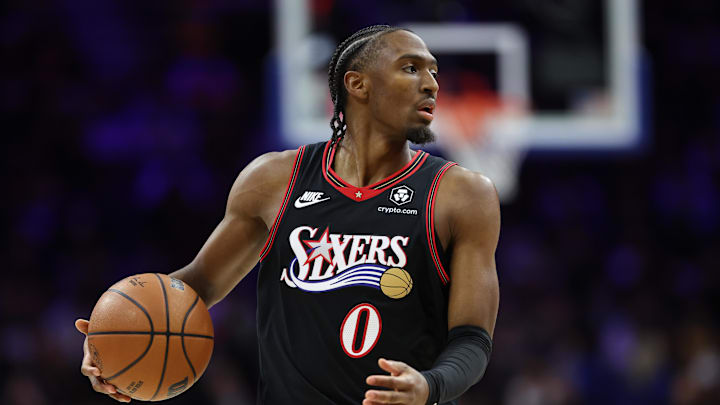 Dec 7, 2025; Philadelphia, Pennsylvania, USA; Philadelphia 76ers guard Tyrese Maxey (0) controls the ball against the Los Angeles Lakers during the third quarter at Xfinity Mobile Arena. Mandatory Credit: Bill Streicher-Imagn Images Dec 7, 2025; Philadelphia, Pennsylvania, USA; Philadelphia 76ers guard Tyrese Maxey (0) controls the ball against the Los Angeles Lakers during the third quarter at Xfinity Mobile Arena. Mandatory Credit: Bill Streicher-Imagn Images