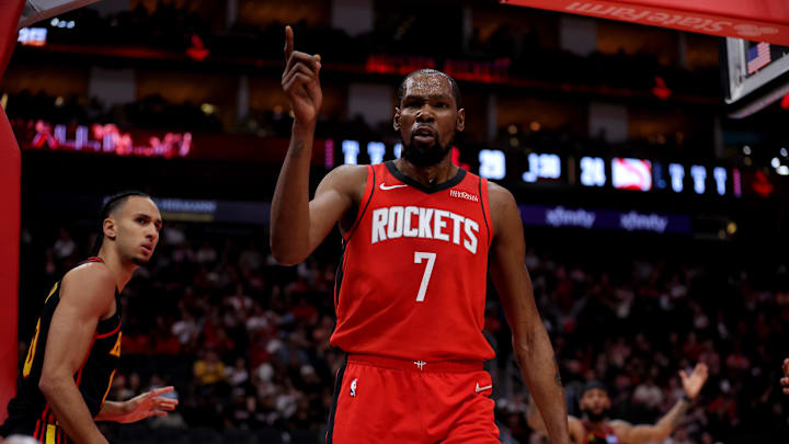 Mar 20, 2026; Houston, Texas, USA; Houston Rockets forward Kevin Durant (7) reacts after making a basket against the Atlanta Hawks during the first quarter at Toyota Center. Mandatory Credit: Erik Williams-Imagn Images