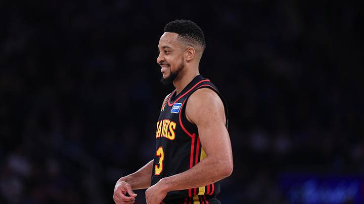 Apr 18, 2026; New York, New York, USA; Atlanta Hawks guard CJ McCollum (3) reacts during the first half of the 2026 NBA Playoffs against the New York Knicks at Madison Square Garden. Mandatory Credit: Vincent Carchietta-Imagn Images Apr 18, 2026; New York, New York, USA; Atlanta Hawks guard CJ McCollum (3) reacts during the first half of the 2026 NBA Playoffs against the New York Knicks at Madison Square Garden. Mandatory Credit: Vincent Carchietta-Imagn Images