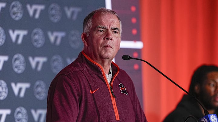 Oct 10, 2024; Charlotte, NC, USA;  Virginia player Tech head coach Mike Young at The Hilton Charlotte Uptown. Mandatory Credit: Jim Dedmon-Imagn Images