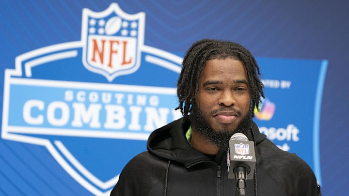 Feb 28, 2025; Indianapolis, IN, USA; Virginia Tech running back Bhayshul Tuten (RB30) talks to the press during the 2025 NFL Combine at Indiana Convention Center. Mandatory Credit: Stephanie Amador Blondet-Imagn Images