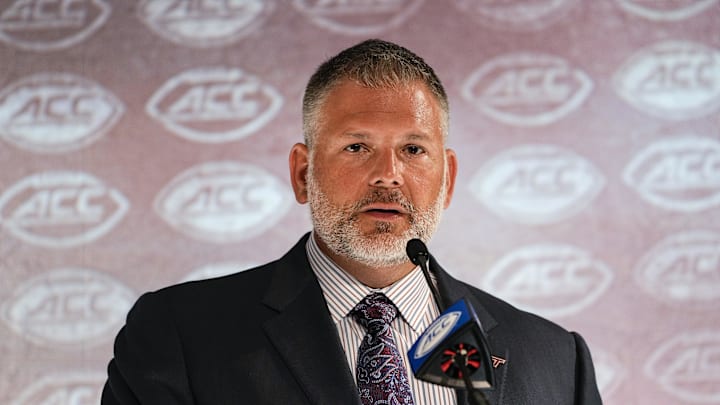 Jul 21, 2021; Charlotte, NC, USA; Virginia Tech coach Justin Fuente speaks to the media during the ACC Kickoff. Jul 21, 2021; Charlotte, NC, USA; Virginia Tech coach Justin Fuente speaks to the media during the ACC Kickoff.