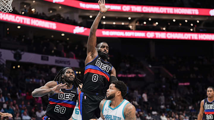 Nov 6, 2024; Charlotte, North Carolina, USA; Detroit Pistons forward Tim Hardaway Jr. (8) leaps to block a shot by Charlotte Hornets forward Miles Bridges (0) during the second half at Spectrum Center. Mandatory Credit: Jim Dedmon-Imagn Images Nov 6, 2024; Charlotte, North Carolina, USA; Detroit Pistons forward Tim Hardaway Jr. (8) leaps to block a shot by Charlotte Hornets forward Miles Bridges (0) during the second half at Spectrum Center. Mandatory Credit: Jim Dedmon-Imagn Images