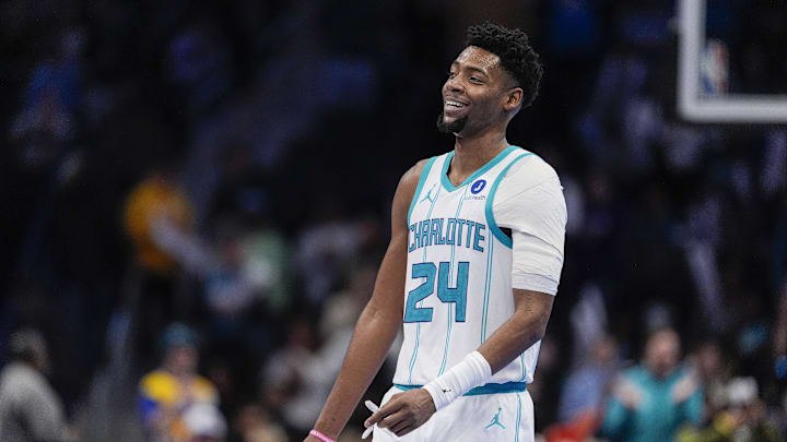 Feb 2, 2026; Charlotte, North Carolina, USA; Charlotte Hornets forward Brandon Miller (24) smiles in the final seconds of the come from behind win against the New Orleans Pelicans during the second half at the Spectrum Center. Mandatory Credit: Jim Dedmon-Imagn Images Feb 2, 2026; Charlotte, North Carolina, USA; Charlotte Hornets forward Brandon Miller (24) smiles in the final seconds of the come from behind win against the New Orleans Pelicans during the second half at the Spectrum Center. Mandatory Credit: Jim Dedmon-Imagn Images