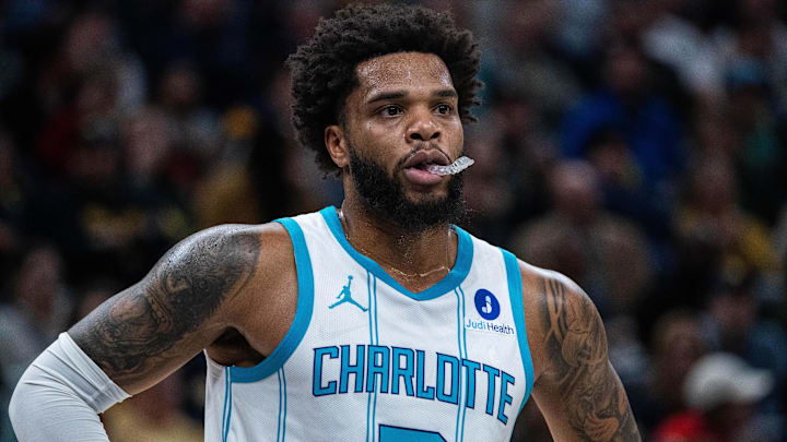 Feb 26, 2026; Indianapolis, Indiana, USA;  Charlotte Hornets forward Miles Bridges (0)  in the first half against the Indiana Pacers at Gainbridge Fieldhouse. Mandatory Credit: Trevor Ruszkowski-Imagn Images