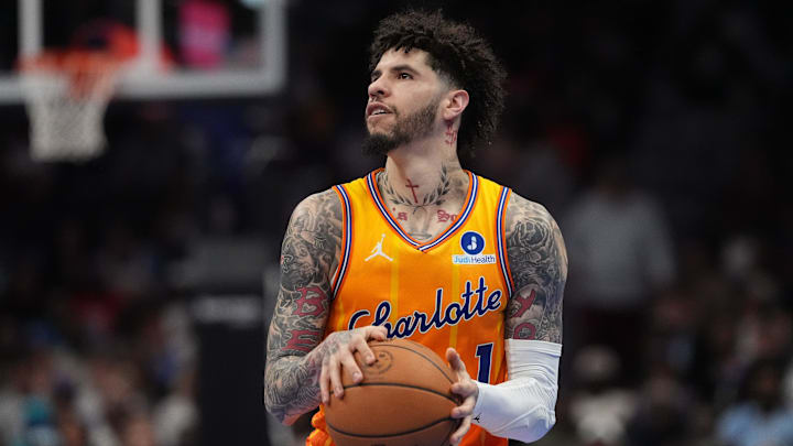 Mar 26, 2026; Charlotte, North Carolina, USA; Charlotte Hornets guard LaMelo Ball (1) handles the ball against the New York Knicks during the second quarter at the Spectrum Center. Mandatory Credit: Jim Dedmon-Imagn Images