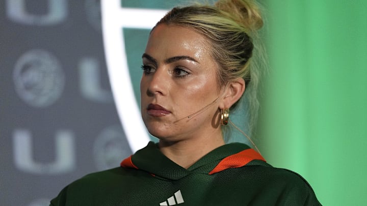 Oct 9, 2024; Charlotte, NC, USA;  Miami player Haley Cavinder during ACC Media Days at The Hilton Charlotte Uptown. Mandatory Credit: Jim Dedmon-Imagn Images
