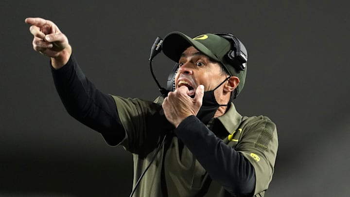 Former Oregon Ducks offensive line coach Alex Mirabal reacts  during the Pac-12 Championship against the Southern California Trojans at United Airlines Field at Los Angeles Memorial Coliseum. Oregon defeated USC 31-24. 