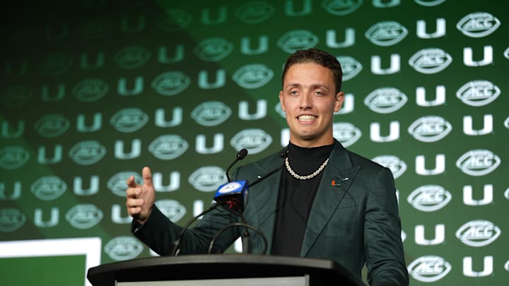 Jul 22, 2025; Charlotte, NC, USA; Miami quarterback Carson Beck answers questions from the media during ACC Media Days at Hilton Charlotte Uptown. Mandatory Credit: Jim Dedmon-Imagn Images Jul 22, 2025; Charlotte, NC, USA; Miami quarterback Carson Beck answers questions from the media during ACC Media Days at Hilton Charlotte Uptown. Mandatory Credit: Jim Dedmon-Imagn Images