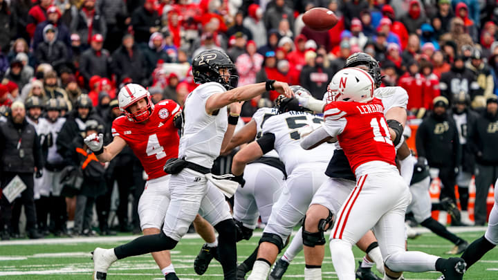 Oct 28, 2023; Lincoln, Nebraska, USA; Purdue Boilermakers quarterback Hudson Card (1) passes against the Nebraska Cornhuskers during the second quarter at Memorial Stadium. 