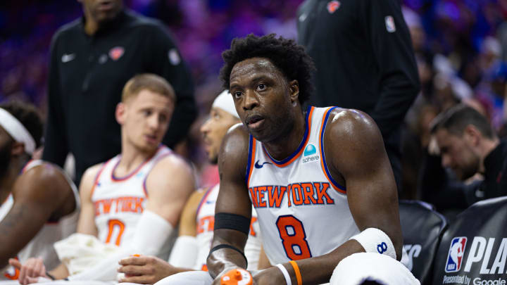 May 2, 2024; Philadelphia, Pennsylvania, USA; New York Knicks forward OG Anunoby (8) looks on from the bench during a timeout in the first half against the Philadelphia 76ers in game six of the first round for the 2024 NBA playoffs at Wells Fargo Center. Mandatory Credit: Bill Streicher-USA TODAY Sports May 2, 2024; Philadelphia, Pennsylvania, USA; New York Knicks forward OG Anunoby (8) looks on from the bench during a timeout in the first half against the Philadelphia 76ers in game six of the first round for the 2024 NBA playoffs at Wells Fargo Center. Mandatory Credit: Bill Streicher-USA TODAY Sports