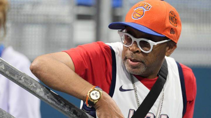 Jul 31, 2024; Villeneuve-d'Ascq, France; Spike Lee supporting the USA in the first quarter against South Sudan during the Paris 2024 Olympic Summer Games at Stade Pierre-Mauroy. Mandatory Credit: John David Mercer-Imagn Images
